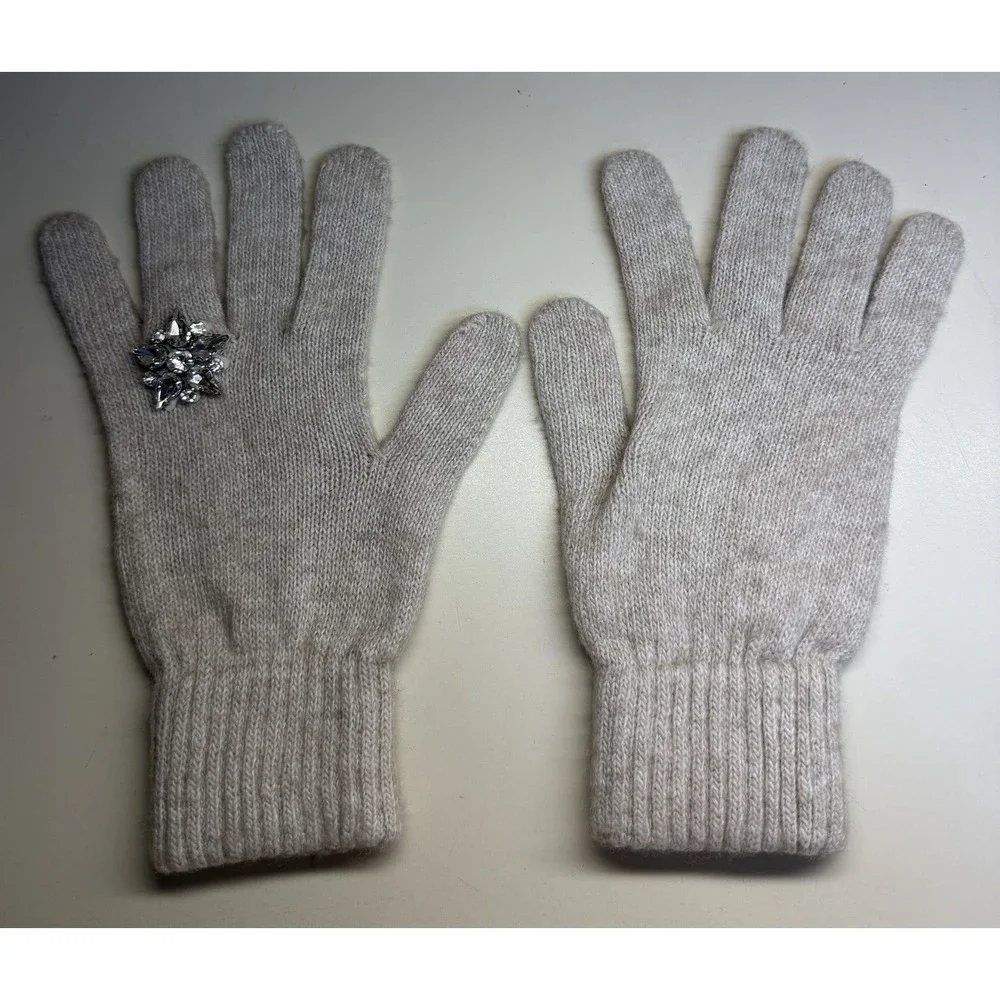 Stilestro Italy Cashmere Blend Knit Gloves Beige Crystal Rhinestone Accent